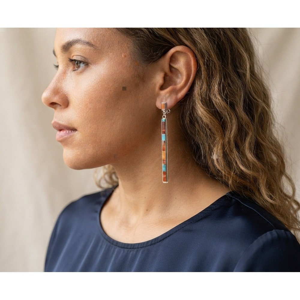 Zuni Inlay Long Earrings Sterling Silver Turquoise Spiny Oyster Stud Earrings**